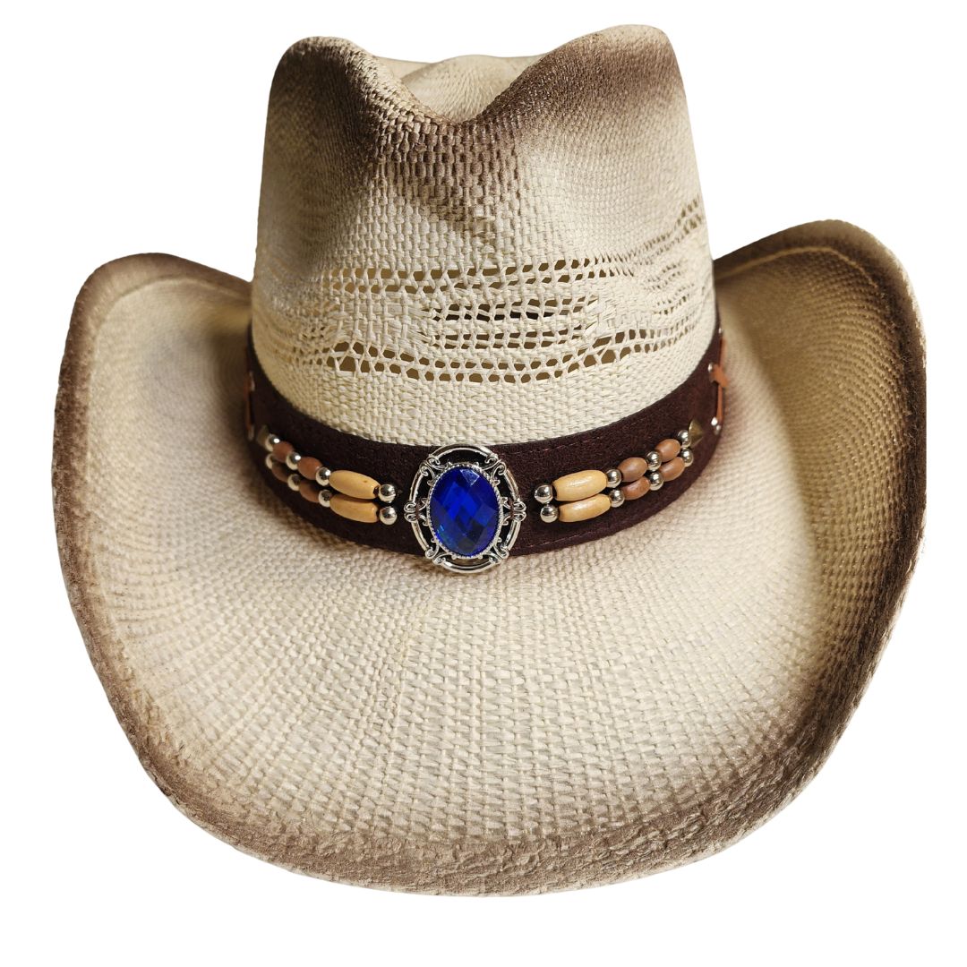 Straw cowboy hat blend and a striking blue gemstone